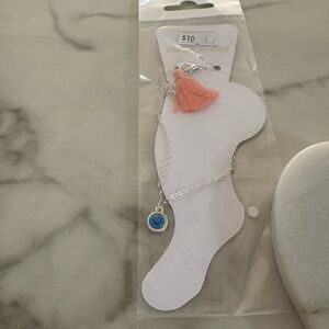 Silver Anklet with Pink Tassel and Blue Evil Eye Blue Charm